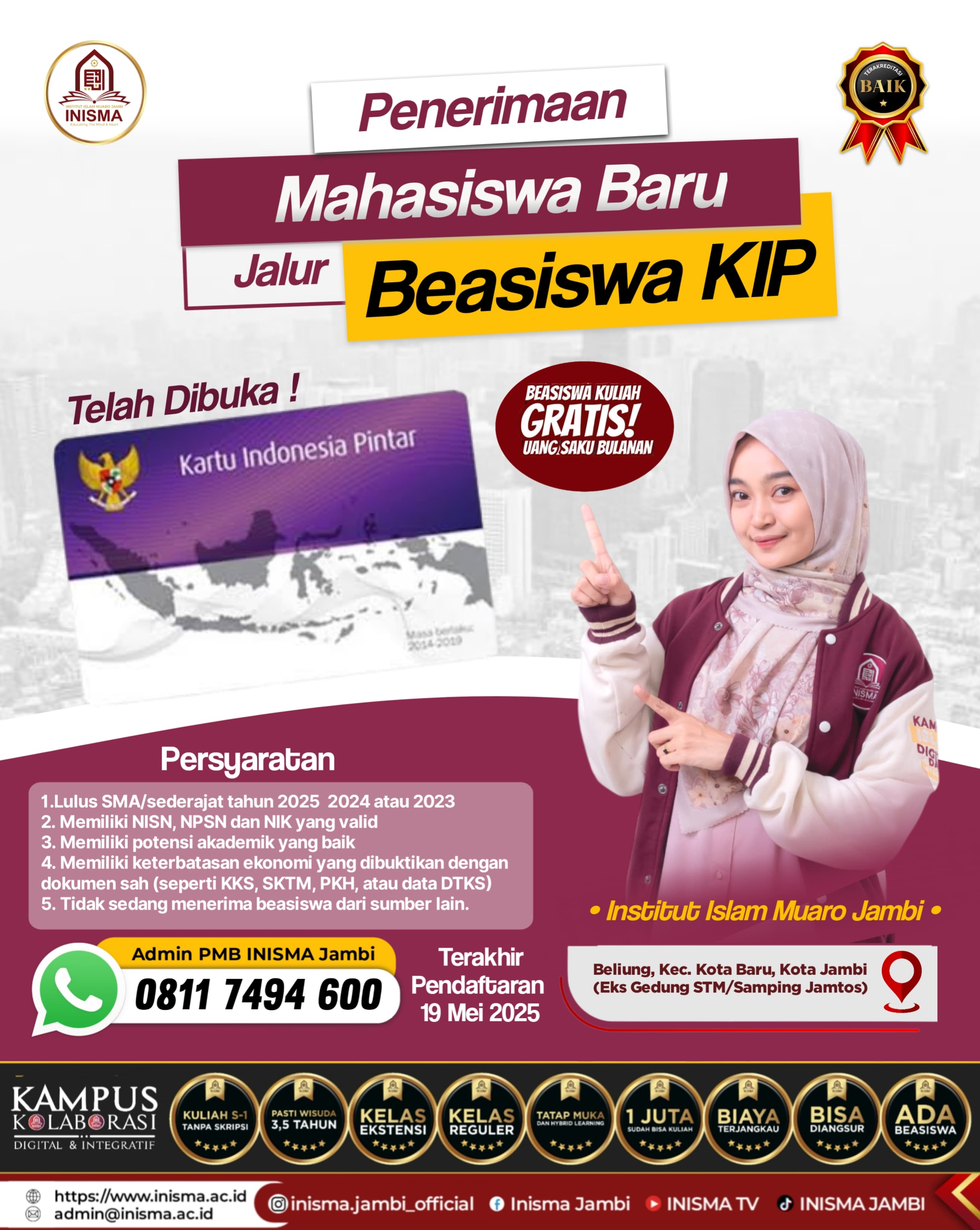 INISMA Jambi Buka Pendaftaran Mahasiswa baru Jalur Beasiswa KIP Kuliah